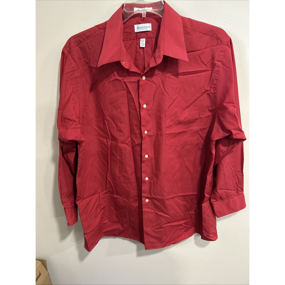 vintage‎ van heusen shirt 17 1/2 Red Poplin Dress Shirt Pointed Collar 32/33